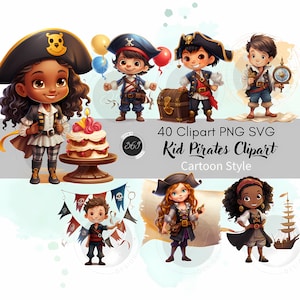 Kid Pirates Birthdayparty Clipart Bundle 40 PNG SVG Commercial Use, Cartoon Style Cute Pirate Clipart, Kids Room Pirate Wall Art, Party PNG