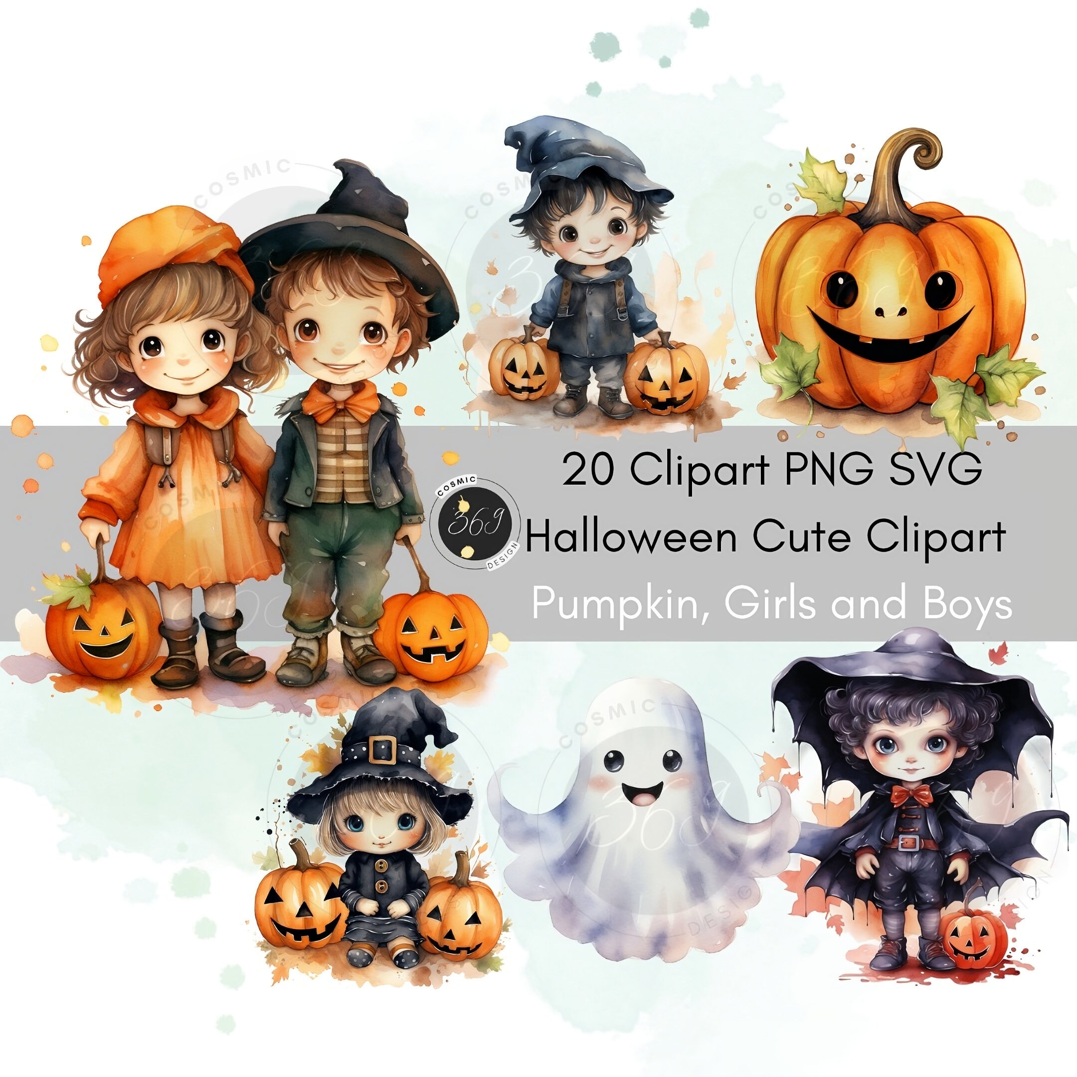 Halloween Clipart Bundle Pumpkin Cute Girls and Boys Watercolor Style ...