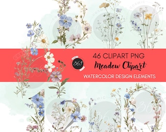 Watercolor Wildflower Meadow Clipart 46 PNG Super Bundle personal & commercial use, blooming meadows clipart, floral border, floral alphabet