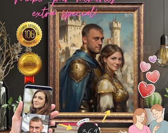 Custom Medieval Fantasy Knight & Princess Couple Portrait from photo, custom historic portrait, Valentine's Day Gift, Best anniversary gift