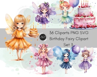 Birthday Fairy PNG 36 Watercolor Fairy Clipart Set 3, Printable, Commercial Use, Birthday Card Stickers, Digital Paper Craft, Royalty Free