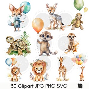 30 bébés animaux Safari Clipart aquarelle, PNG, création numérique, créations en papier, Clipart Safari, usage Commercial