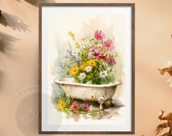 Wildflower Bathtub Wall Art | Neutral Botanical Bathroom Print, Vintage Farmhouse Floral Decor | Digital Download
