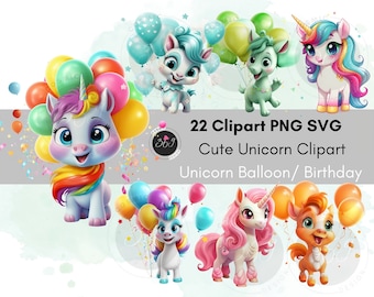 Unicorn Clipart PNG SVG Personal & Commercial Use 22 Designs, Cartoon Style Cute Unicorn Balloon Unicorn Birthday Party, Printable Download