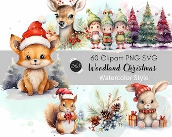 Christmasclipart 60 PNG SVG Commercial Use, Woodland Christmas Clipart, Bundle Christmas Clipart, Cozy Christmas Clipart, Cute Forest Animal