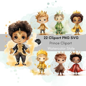 Ensemble Prince Clipart PNG SVG pour usage personnel et commercial, Style aquarelle 22 modèles, prince mignon, prince garçon noir, téléchargement imprimable
