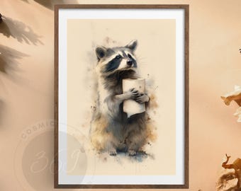 Funny Raccoon Bathroom Wall Art – Toilet Paper Humor Print, Whimsical Watercolor Animal Decor