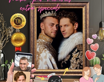 May include: A digital painting of two men dressed as kings. The man on the left is wearing a gold crown and a white and gold robe. The man on the right is wearing a white fur collar and a gold robe with intricate embroidery. The painting is framed in a gold frame.
