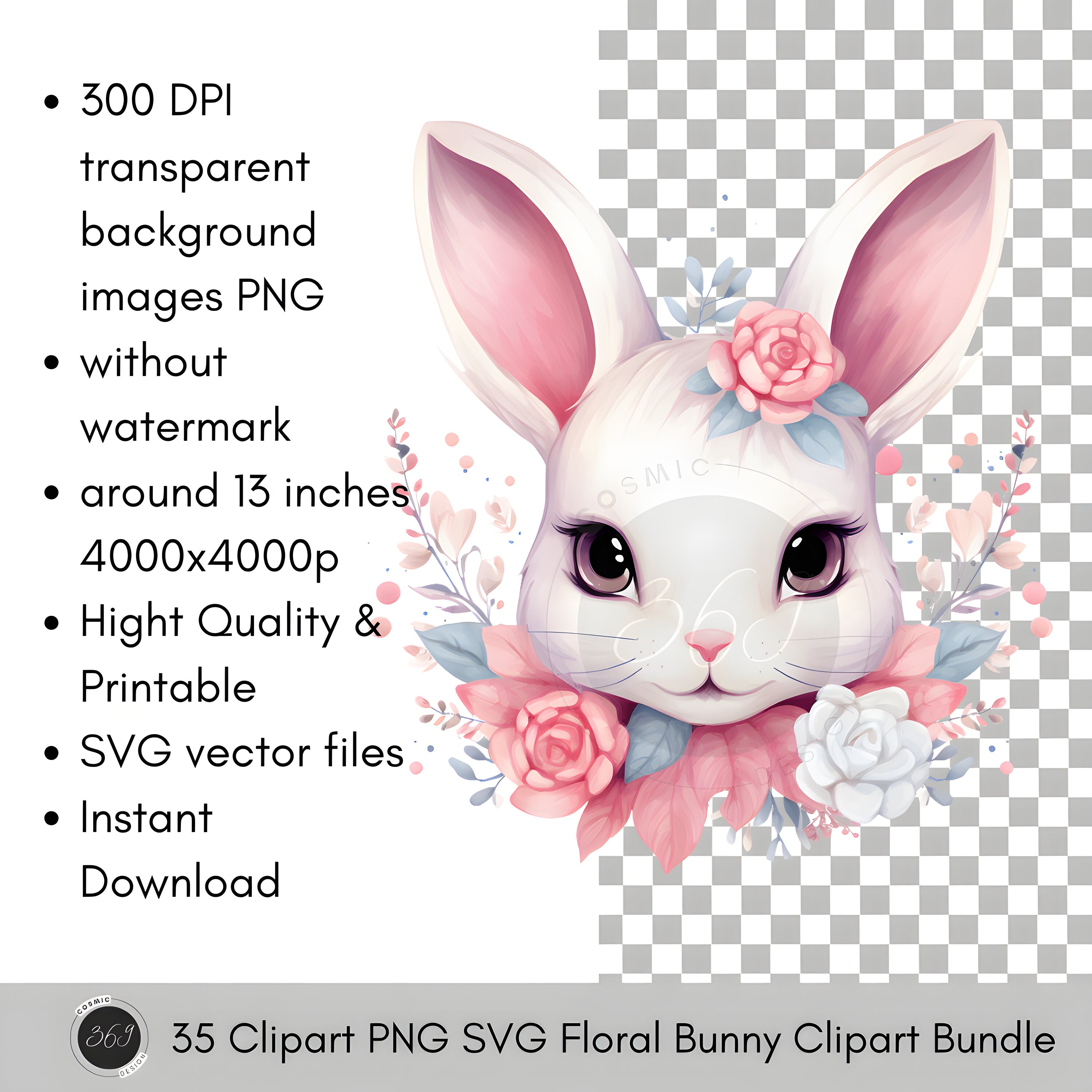 Floral Bunny Clipart Bundle 35 PNG SVG Commercial Use, Watercolor Cute ...
