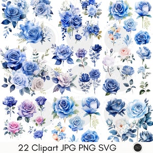 Blue Flowers Clipart Bundle, Watercolor Floral Clipart, Blue Roses, Roses Clipart, Wedding Clipart, Invitation Clipart, Commercial Use, SVG