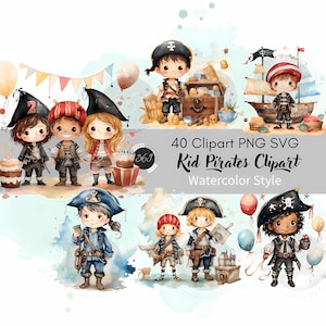 Bundle de cliparts fête d'anniversaire pirates enfant 40 PNG SVG usage commercial, aquarelle pirate mignon Clipart, art mural pirate chambre d'enfants, fête PNG