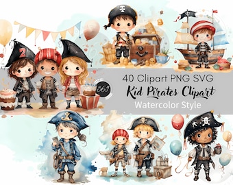 Kid Pirates Birthdayparty Clipart Bundle 40 PNG SVG Commercial Use, Watercolor Cute Pirate Clipart, Kids Room Pirate Wall Art, Party PNG