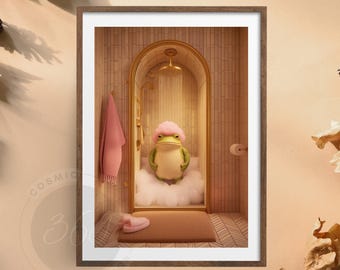 Funny Frog Bathroom Wall Art – Frog in the Shower Print (Instant Download)