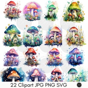 Bundle de clipart champignons aquarelle 22, champignon magique, forêt nature champignon fantastique clipart format PNG, imprimable, SVG, usage commercial