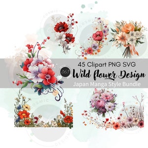 Flor selvagem Clipart 45 PNG SVG designs Japão Manga Style para uso pessoal e comercial, borda floral selvagem, clipart de casamento, guirlanda floral