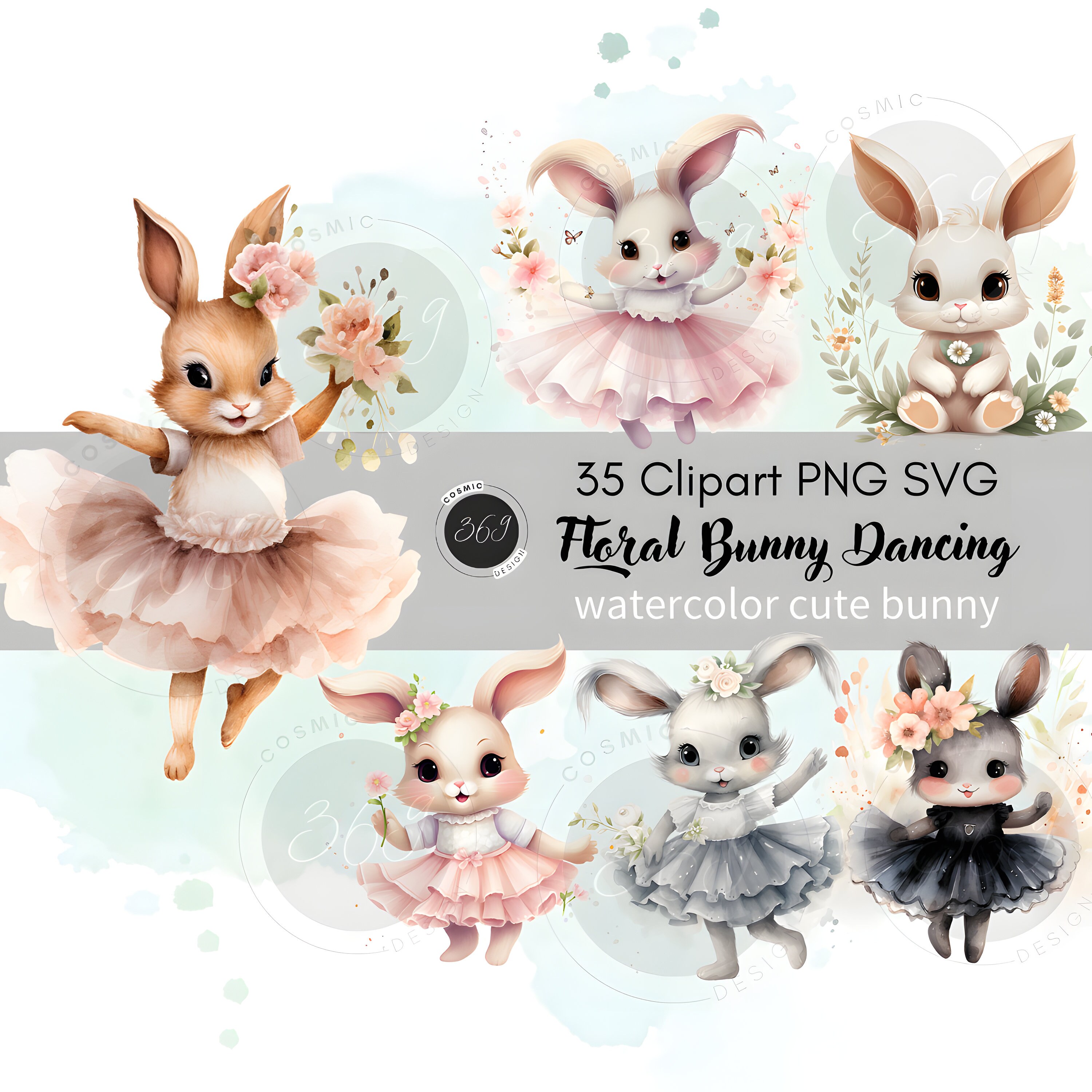 Floral Bunny Clipart Bundle 35 PNG SVG Commercial Use, Watercolor Cute ...