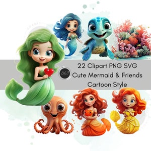Mermaid Clipart Cartoon Style Mermaid and friends 22 Designs, Nursery Decor, PNG SVG For Commercial Use, Scrapbook, Journal, Paper Crafts