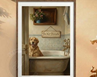 Funny Bathroom Wall Art, Dog in Bathtub Printable, Golden Retriever Vintage Painting, Animal Bathroom Decor, Digital Download