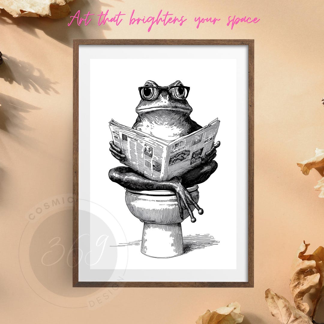 Retro Frog on Toilet Reading Ink Sketch Print | Funny Bathroom Wall Art ...