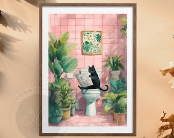 Funny Bathroom Wall Art, Watercolor Black Cat Reading Newspaper Print, Toilet Humor Poster, Maximalist Plant Decor, Instant Download
