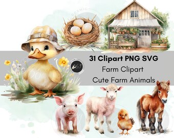 Farm Animal Clipart Watercolor PNG SVG 31 Designs, Farm Clipart for personal & commercial use, Printable Download, Cute Sheep, Chicken, Cow