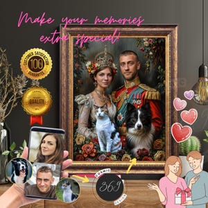 custom-portrait gift Custom Renaissance Royal Couple Portrait from Photo 2 people & 2 pets, unique gift, Good Anniversary Gift Birthday Gift