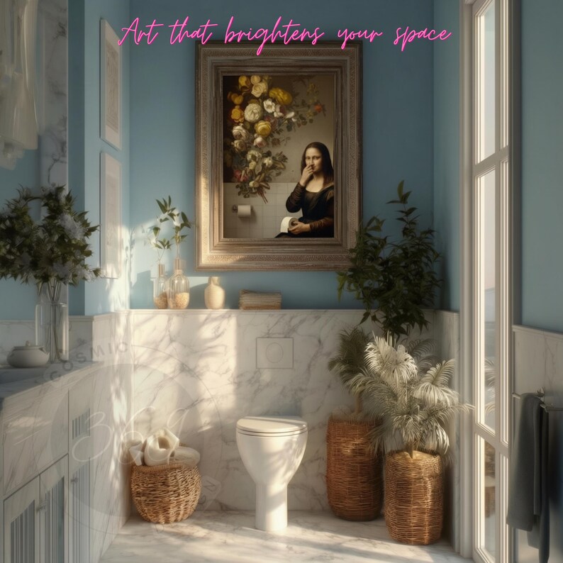 Funny Bathroom Wall Art Printable – Mona Lisa Holding Toilet Paper and ...