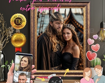Aangepast portret Viking-paar vanaf foto, fantasie op maat portret cadeau digitale download, aangepaste foto begaafd, beste voor jubileumcadeau