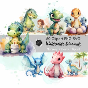 Paquete de 60 imágenes prediseñadas de dinosaurios en acuarela, PNG SVG, para uso comercial, imágenes prediseñadas de dinosaurios para guardería, decoración de fiesta de cumpleaños de dinosaurios, pegatinas de dinosaurios