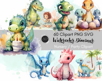 Watercolor Dinosaur Clipart Bundle 60 PNG SVG Commercial Use, Dinosaur Clipart Nursery Clipart, Dinosaur Birthday Party Decor Dino Stickers