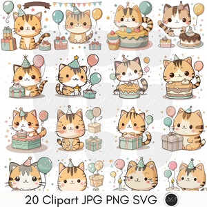 Clipart anniversaire chat Kawaii anniversaire chats drôle de fête des cliparts, autocollants imprimables, graphiques vectoriels, fournitures pour agenda, image de fête d'anniversaire
