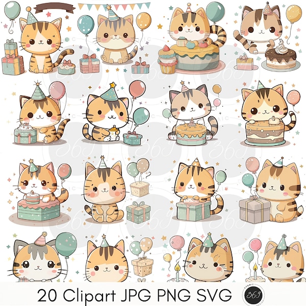 Birthday Cat Clipart Kawaii Birthday Cats Funny Party Clipart, Printable Stickers, Vector Graphics, Planner Supplies, Birthday Party Image