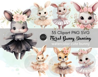Floral Bunny Clipart Bundle 35 PNG SVG Commercial Use, Watercolor Cute Bunny Clipart Nursery, Dancing Bunny in tutu dress Printable Download
