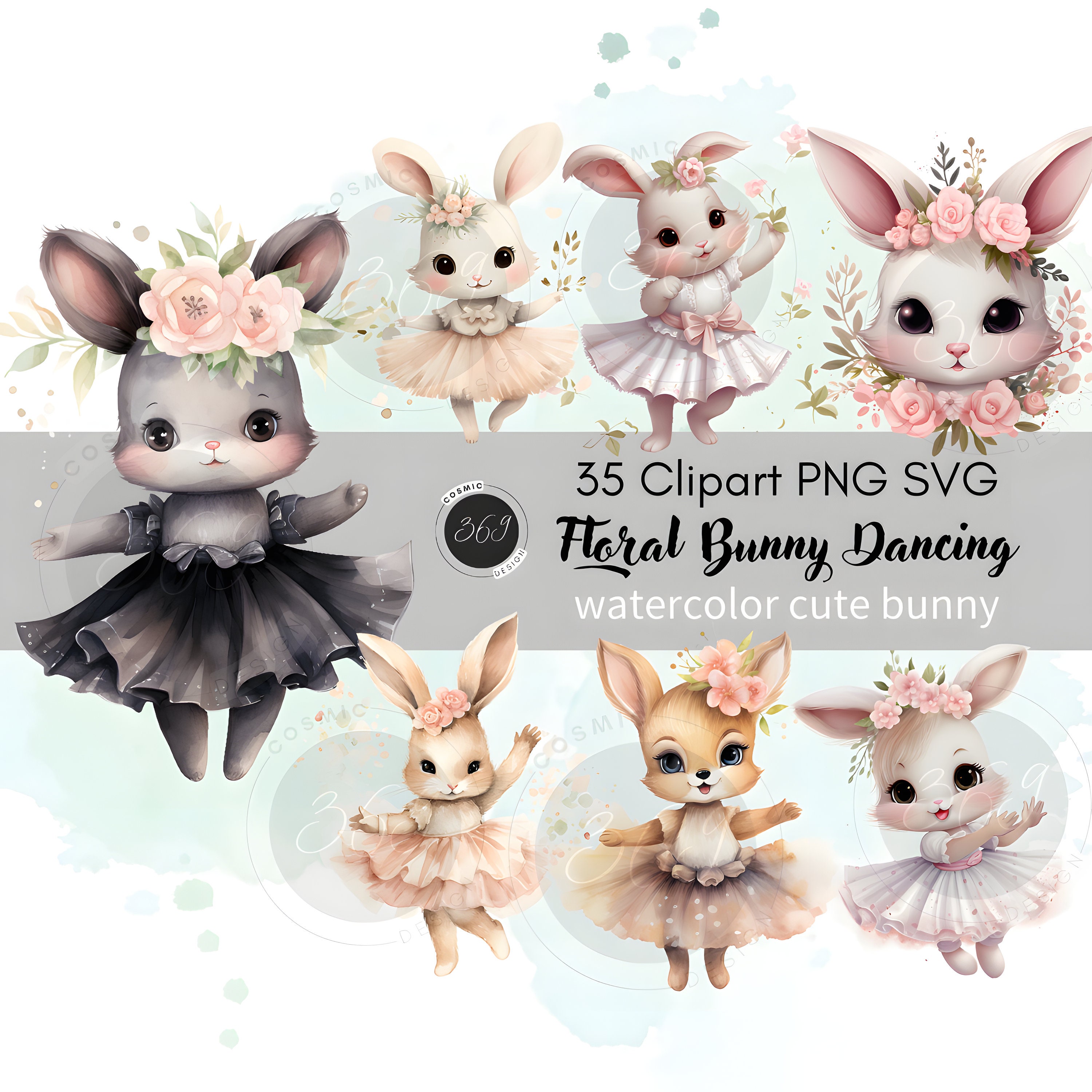 Floral Bunny Clipart Bundle 35 PNG SVG Commercial Use, Watercolor Cute ...