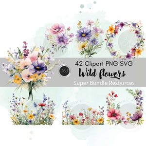 Wildflower Clipart 42 PNG SVG Super Bundle personal and commercial use, Watercolor floral borders, Wild Flower wedding invitation clipart
