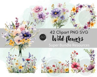 ワイルドフラワークリップアート 42 PNG SVG スーパーバンドル 個人および商用利用可能、水彩花柄ボーダー、ワイルドフラワーの結婚式招待状クリップアート