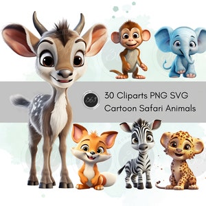 Imágenes prediseñadas de animales de safari: 30 diseños en estilo de dibujos animados para uso comercial y personal, imágenes prediseñadas para guardería, descarga digital PNG, recursos de diseño