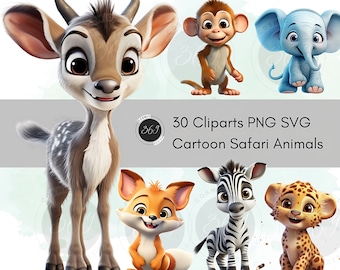 Safari Animals Clipart 30 Designs Cartoon Style for Commercial Use and Personal Use, Nursery Clipart, PNG Digital Download, Design Resources