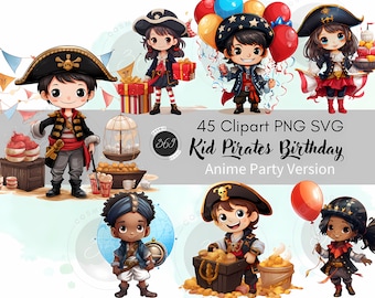 Kid Pirates Birthdayparty Clipart Bundle 45 PNG SVG Commercial Use, Anime Style Cute Pirate Clipart, Kids Room Pirate Wall Art, Party PNG