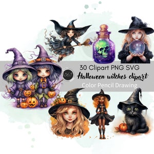 Halloween Witches Clipart set 30 PNG SVG personal & commercial use. Spooky Halloween, witch, bat, cat, pumpkin, scrapbook, paper crafts