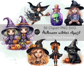 Halloween Witches Clipart set 30 PNG SVG personal & commercial use. Spooky Halloween, witch, bat, cat, pumpkin, scrapbook, paper crafts