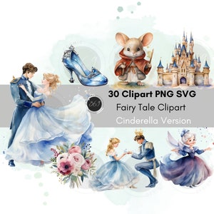 Paquete de imágenes prediseñadas de cuento de hadas, Cenicienta, acuarela, 30 diseños, PNG, SVG, uso personal y comercial, invitación de boda, descarga imprimible