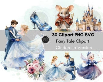 Fairy Tale Clipart Cinderella Clipart bundle Watercolor 30 Designs PNG SVG personal & commercial use, Wedding Invitation, printable download