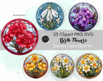 Birthflower Clipart Bundle 23 birth month flower PNG SVG for personal & commercial use, Stained Glass Style Flower PNG, Botanical Clipart