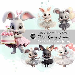 Floral Bunny Clipart Bundle 40 PNG SVG Commercial Use, Cute Dancing Bunny Clipart Nursery, Bunny Birthdayparty Clipart Printable Download