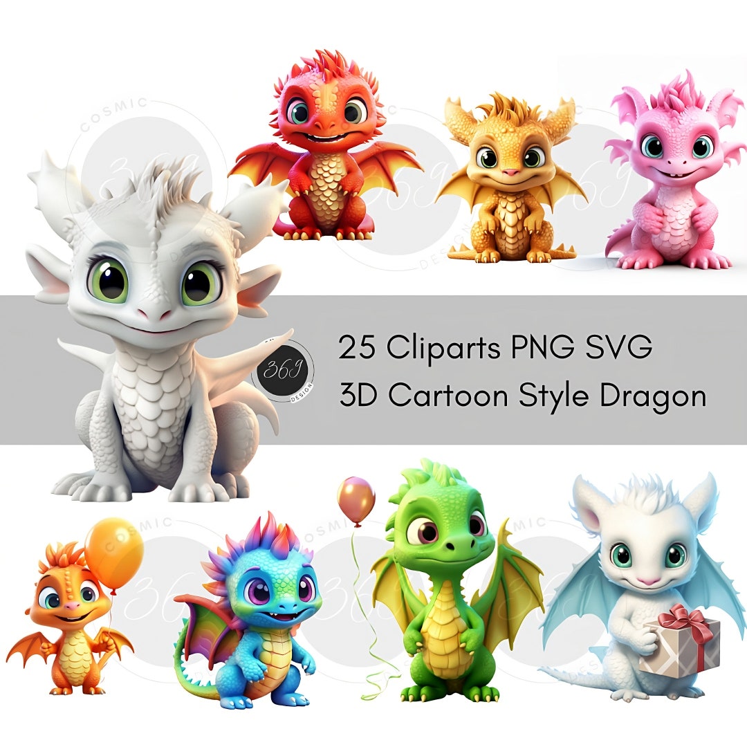 Baby Dragon Clipart 25 Designs, Dragon PNG SVG 3D Cartoon Style Cute ...