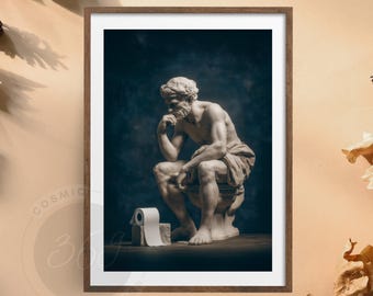 Decorator Bathroom Wall Art – Funny Toilet Printable | Instant Download Digital Artwork | The Thinker on the Toilet Humorous Home Decor