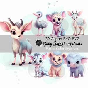 Bébé Safari animaux Clipart 30 PNG SVG Pastel couleur Style pour usage personnel et commercial, mignon Baby Shower Nursery Decor, anniversaire bébé Lion