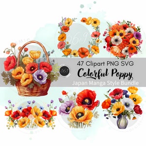 Watercolor Poppy Clipart Bundle 47 PNG SVG for personal & commercial use manga style, Poppy borders, floral wreath, party invitation design