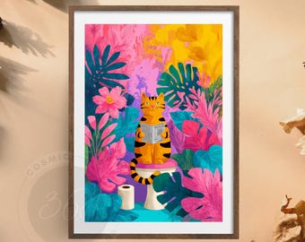 Funny Cat on Toilet Art Print – Whimsical Matisse Style Bathroom Wall Decor, Colorful Tropical Cat Poster, Digital Download